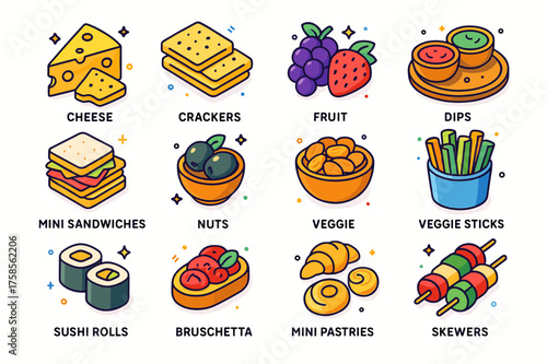 Colorful Appetizer Icons. Appetizer board. Colorful isometric vector icons set of appetizer board: cheese, crackers, fruit, dips, mini sandwiches, olives,