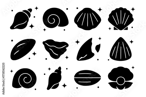 Seashell Icon Collection. Seashells. Solid icons set of conch shell, spiral shell, clam shell, scallop shell, mussel shell, oyster shell, broken shell, ridged
