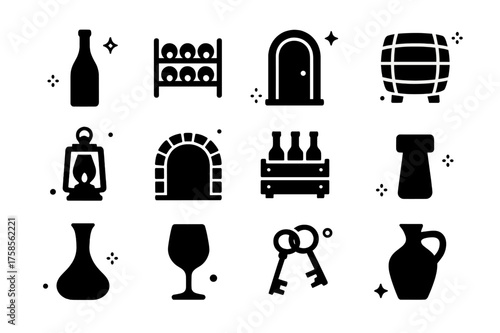 Wine Cellar Icons. Wine cellar. Solid icons set of Wine cellar: wine bottle, wine rack, cellar door, oak barrel, lantern, brick arch, wooden crate, cork,
