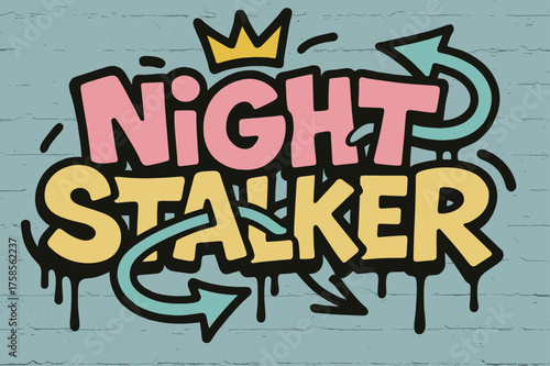 Vibrant Graffiti Art. Night Stalker ? Graffiti Simplified: fat tilted bubble letters; dripping outline, crown above, arrows weaving through; flat spray fills