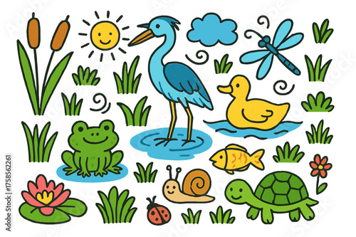 Wetland Wildlife Doodles. Wetlands. Colorful Hand-drawn doodle Children illustration cattail, frog, duck, heron, reeds, dragonfly, water lily, fish, turtle,