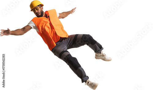 Foto Construction worker falling backward in safety vest showing accident danger