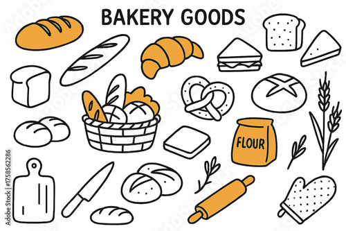 Charming Bakery Delights. Bakery Goods. Hand-drawn doodle illustration bakery goods bread loaf (accented), baguette, croissant (accented), slice of bread,