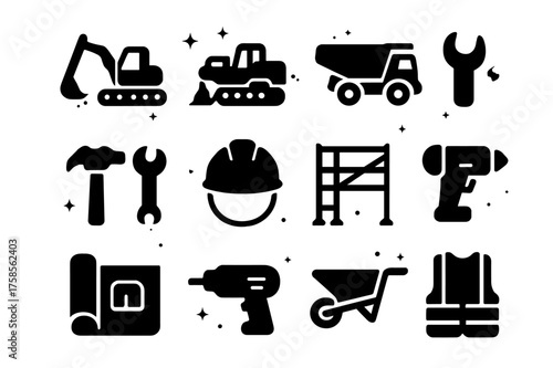 Construction Icons Grid. Construction Growth. Solid icons set of excavator, bulldozer, dump truck, hammer, wrench, safety helmet, concrete mixer, scaffolding,
