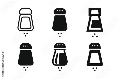 Salt Shaker Logos. Salt. Set Logo of Food: salt shaker icon. harmonious logo variations of the same emblematic concept, each with different artistic