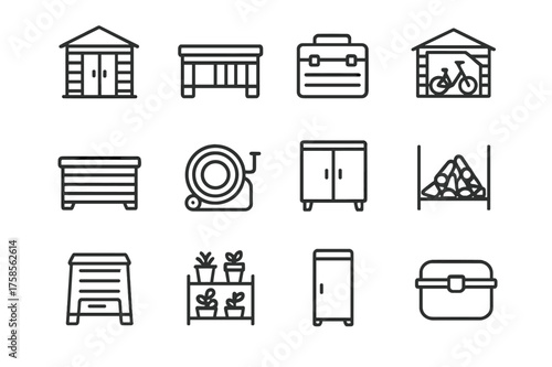 Outdoor Storage Icons Collection. Outdoor storage. Line icon set of Outdoor storage: garden shed, storage bench, tool chest, bike shed, deck box, hose reel,
