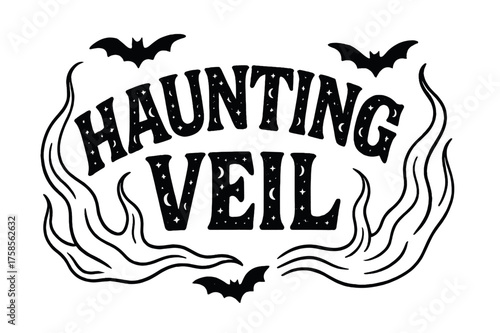 Haunting Night Display. Haunting Veil ? Decorative Display Lettering, patterned fills with stars and moons, curved arched word-shape framed with ghostly wisps