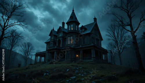 The Haunted Manor: A chilling gothic mansion stands silhouetted against a stormy twilight sky, its foreboding presence dominating the landscape. Explore the enigmatic aura of this eerie residence.