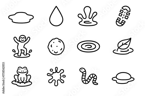 Mud Puddle Icons. Mud puddle. Line icon set of Mud puddle: muddy water, rain drop, splash, boot print, child jumping, mud ball, puddle reflection, leaf