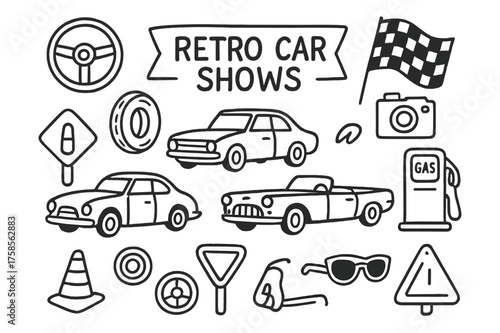 Retro Car Icons. Retro Car Shows. Hand-drawn doodle illustration retro car shows classic coupe, hot rod, convertible, steering wheel, tire, hubcap, banner,