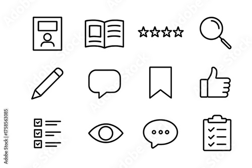 Magazine Review Icons. Magazine reviews. Line icon set of Magazine reviews: magazine cover, open magazine, star rating, magnifying glass, pencil, speech