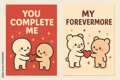 Kawaii Soulmates Banners. Soulmates. Two vertical A6 banners, kawaii, red and beige backgrounds, cute characters exchanging a heart-shaped note with tiny