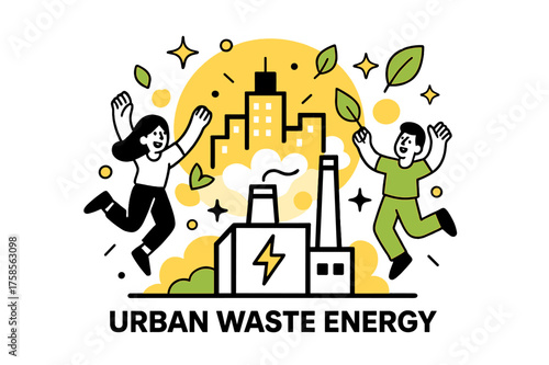 Sustainable Urban Energy. Urban waste energy. A glowing city skyline with a plant generating clean power, abstract floating sparks, stars, and leaves