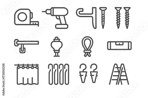 Curtain Installation Icons. Curtain installation. Line icon set of Curtain installation: measuring tape, drill, bracket, screws, curtain rod, finial, tieback,
