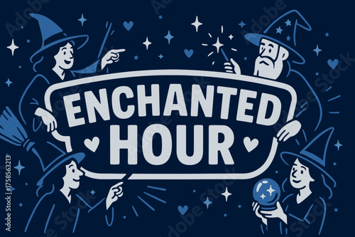 Magical Banner Design. EnchantedHour banner, flat vector illustration, bold oversized text inside sticker outline shape, cartoon characters casting spells and
