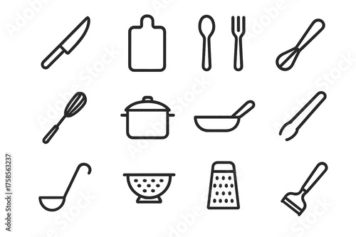 Cooking Tools Icons. Cooking tools. Line icon set of Cooking tools: knife, cutting board, spoon, fork, whisk, pot, pan, tongs, ladle, colander, grater, peeler.