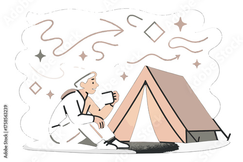 Glowing Solo Camping. Solo camping. Glowing camper by a tent under abstract glowing stars, floating light lines and geometric shapes emphasizing solitude,