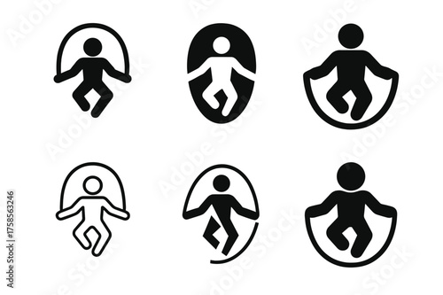 Energetic Jump Rope Logos. Jump rope. Set Logo of Fitness: energetic jump icon. harmonious logo variations of the same emblematic concept, each with different