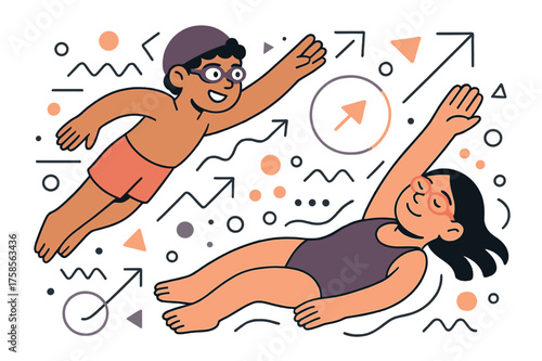 Children's Swimming Skills. Confident swimmers. Glowing children learning freestyle and backstroke, abstract floating bubbles and geometric lines emphasizing