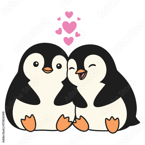 Two adorable penguins in love with pink hearts floating above them expressing affection and romance