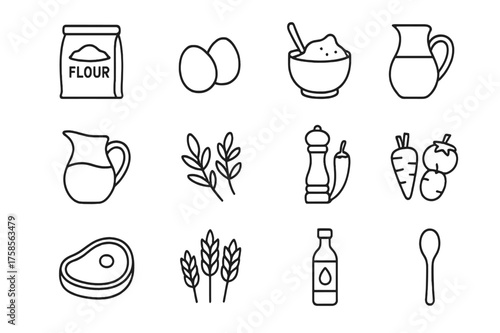 Cooking Icons Collection. Cooking ingredients. Line icon set of Cooking ingredients: flour bag, eggs, sugar bowl, butter, milk jug, herbs, spices, vegetables,