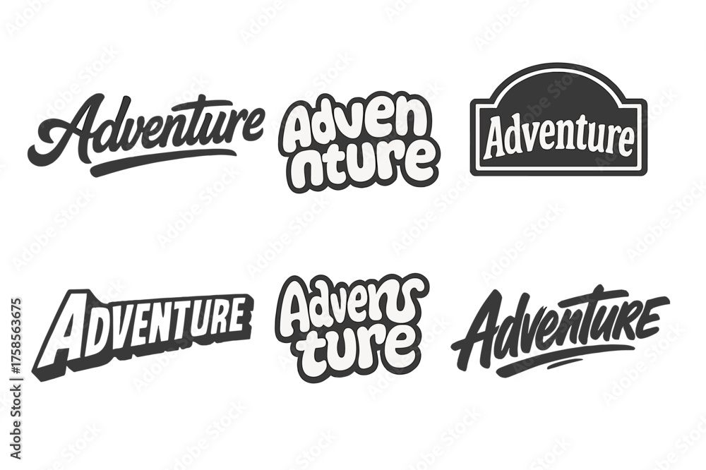 Fototapeta premium Adventure Lettering Grid. Adventure collection. Set lettering. harmonious lettering variations of the same emblematic concept (Bold hand-lettering with playful