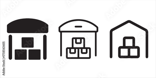 Warehouse building minimalist vector icons for logistics and storage solutions, perfect for presentations, websites, and business materials