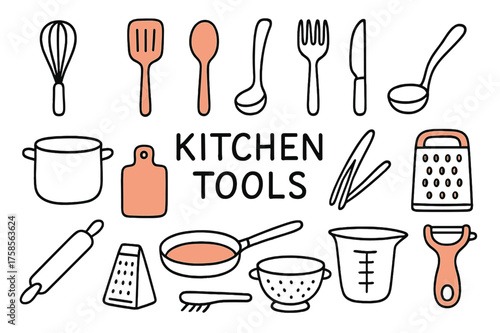 Colorful Kitchen Tools. Kitchen Tools. Hand-drawn doodle illustration kitchen tools spatula (accented), whisk, ladle, spoon (accented), fork, knife, cutting