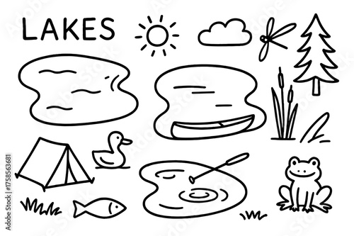Lakeside Camping Doodle. Lakes. Hand-drawn doodle illustration lakes lake shore, campsite tent, canoe, ripples, fish outline, duck on water, reeds, sun above,