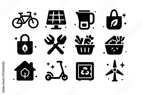 Green and Secret Icons. Green lifestyle. Solid icons set of green lifestyle: bicycle, solar panel, water filter, compost bin, tote bag, reusable bottle, garden