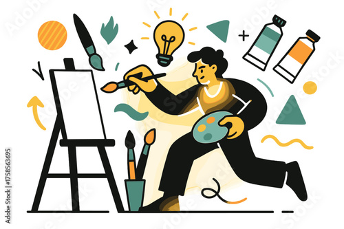 Creative Studio Energy. Studio painting. Glowing artist at an easel, abstract floating paint tubes, brushes, and geometric shapes emphasizing creativity,