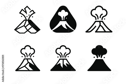 Geology Emblem Variations. Tectonic plate. Set Logo of Geology: volcanic eruption icon. harmonious logo variations of the same emblematic concept, each with