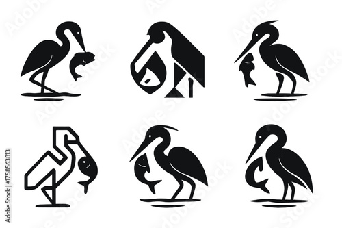 Heron Catching Fish. Shoreline ecosystems and animal interactions. Set Logo of heron catching fish: Iconic shape, Minimal outline, Abstract geometric, Flat