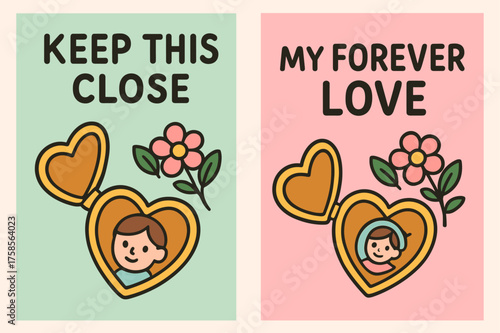 Keepsake Locket Banners. Keepsake. Two vertical A6 banners, cartoon, pastel mint and pink backgrounds, heart-shaped locket opening to reveal a tiny portrait