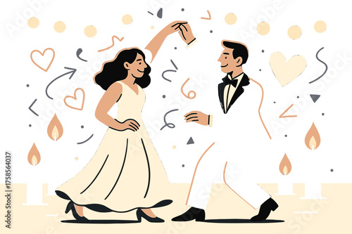 Romantic Evening Wedding. Evening wedding ambiance. Glowing candles and hanging lights casting warm light on a couple, abstract floating hearts and geometric