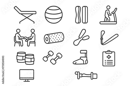 Rehabilitation Icon Set. Rehabilitation. Line icon set of Rehabilitation: physiotherapy table, exercise ball, resistance bands, therapist, patient, foam