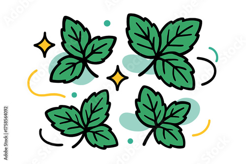 Refreshing Mint Abstraction. Mint leaves. Fresh glowing mint sprigs floating with abstract sparkles and curved lines symbolizing refreshing calm and balance.