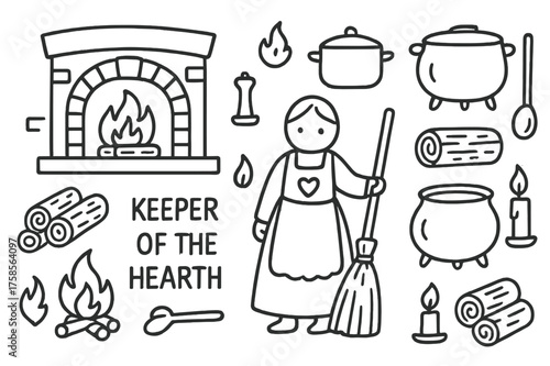Keeper of the Hearth. Keeper of the Hearth. Hand-drawn doodle illustration keeper of the hearth fireplace, firewood, hearth, kettle, cooking pot, cauldron,