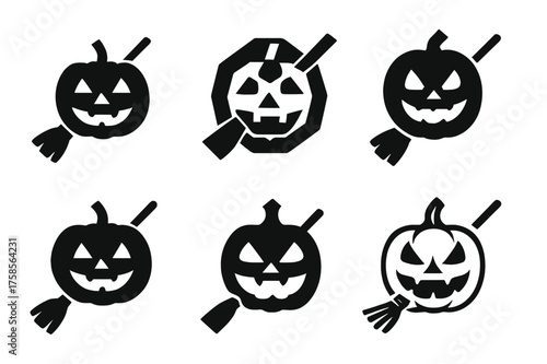 Pumpkin Carving Logos. Pumpkin Carving and Halloween Preparations. Set Logo of Pumpkin Carving and Halloween Preparations: broomstick. harmonious