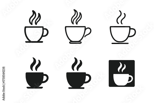 Espresso Logo Variations. Coffee tasting notes sheet. Set Logo of Coffee: espresso cup with aroma waves. harmonious logo variations of the same emblematic