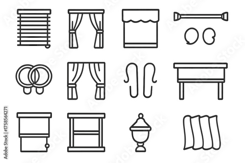 Window Treatment Icons. Window treatments. Line icon set of Window treatments: blinds, drapes, valance, curtain rod, rings, tiebacks, curtain hooks, pelmet,