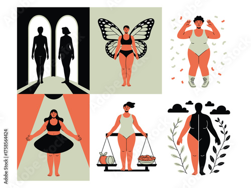 Body positivity illustrations set of diverse women empowering self acceptance and confidence