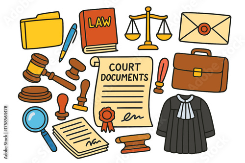 Legal Doodles Collection. Court Documents. Colorful Hand-drawn doodle Children illustration Court Documents scroll, legal paper, gavel, pen, folder, law book,