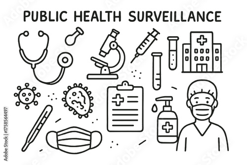 Public Health Essentials. Public Health Surveillance. Hand-drawn doodle illustration public health surveillance stethoscope, microscope, syringe, test tube,