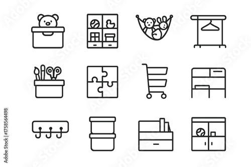 Kids Room Storage Icons. Kids room storage. Line icon set of Kids room storage: toy box, bookshelf, cubby shelf, stuffed animal net, art supplies box, puzzle