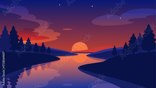 Vibrant sunset over a calm river reflecting the colorful sky and silhouetted trees