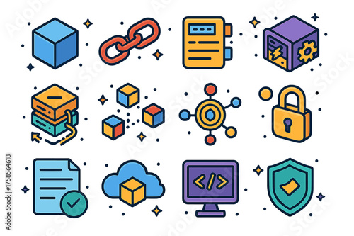 Colorful Blockchain Icons. Blockchain. Colorful isometric vector icons set of blockchain: cube block, chain links, digital ledger, mining rig, server, data