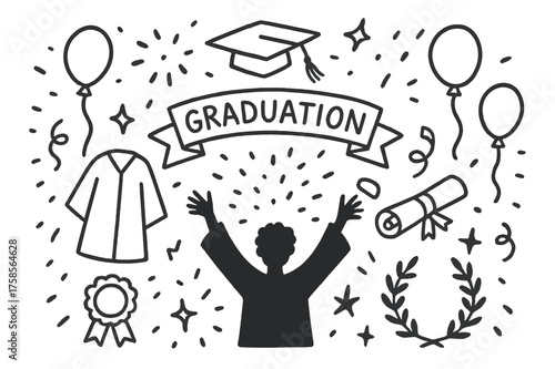 Graduation Celebration Doodles. Graduation celebration. Hand-drawn doodle illustration celebrating a graduation with a cap toss academic cap flying, diploma