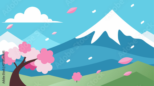 Stylized japanese landscape with cherry blossoms and snow capped mountains