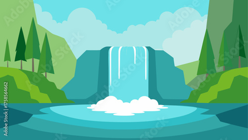 Stylized flat design illustration of a majestic waterfall cascading into a clear blue pool surrounded by green hills and pine trees under a cloudy sky